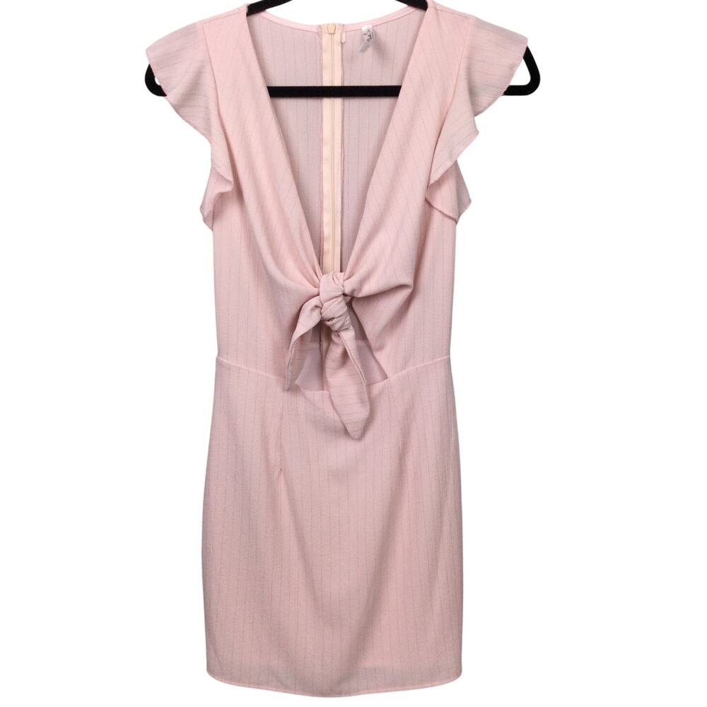 Lucy in the Sky V-Neck Key Hole Coquette Ruffle Cap Sleeve Pinstripe Dress S